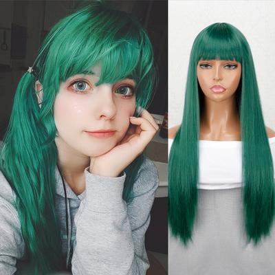 Long Straight Green Wig with Bangs Synthetic Fiber Women Fashion Long Straight Wig for Women Daily Wear