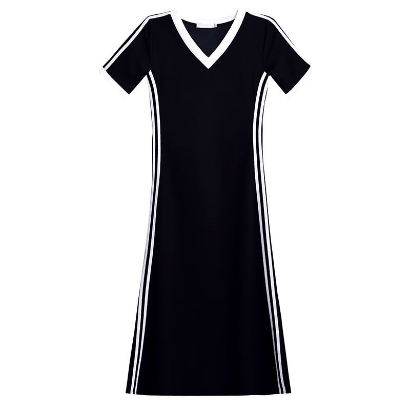 New V-neck A-word Skirt Casual Temperament Cover The Belly, Reduce The Age and Close The Waist Super Long Sports Dress Women's Black