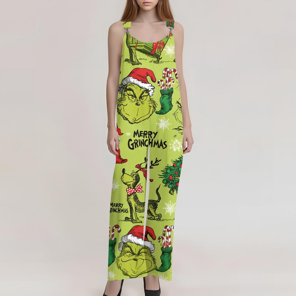 Women's Retro Casual Overalls with Novelty Print and Non-Adjustable Shoulder Straps