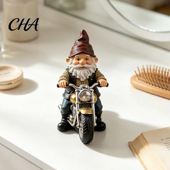 Miniature Gnome Statue Riding Retro Motorcycle Figurine, Motorbike Dwarf Resin Decor Sculpture, Ornament for Home Office Desk Bookshelf