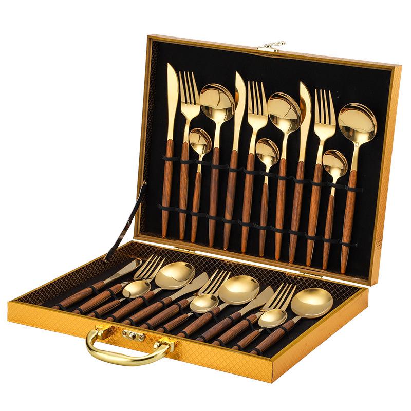 24-Piece Titanium Gold Stainless Steel Cutlery Set with Western Steak Knife, Fork, Spoon, and Laser Logo - Gift Pack.
