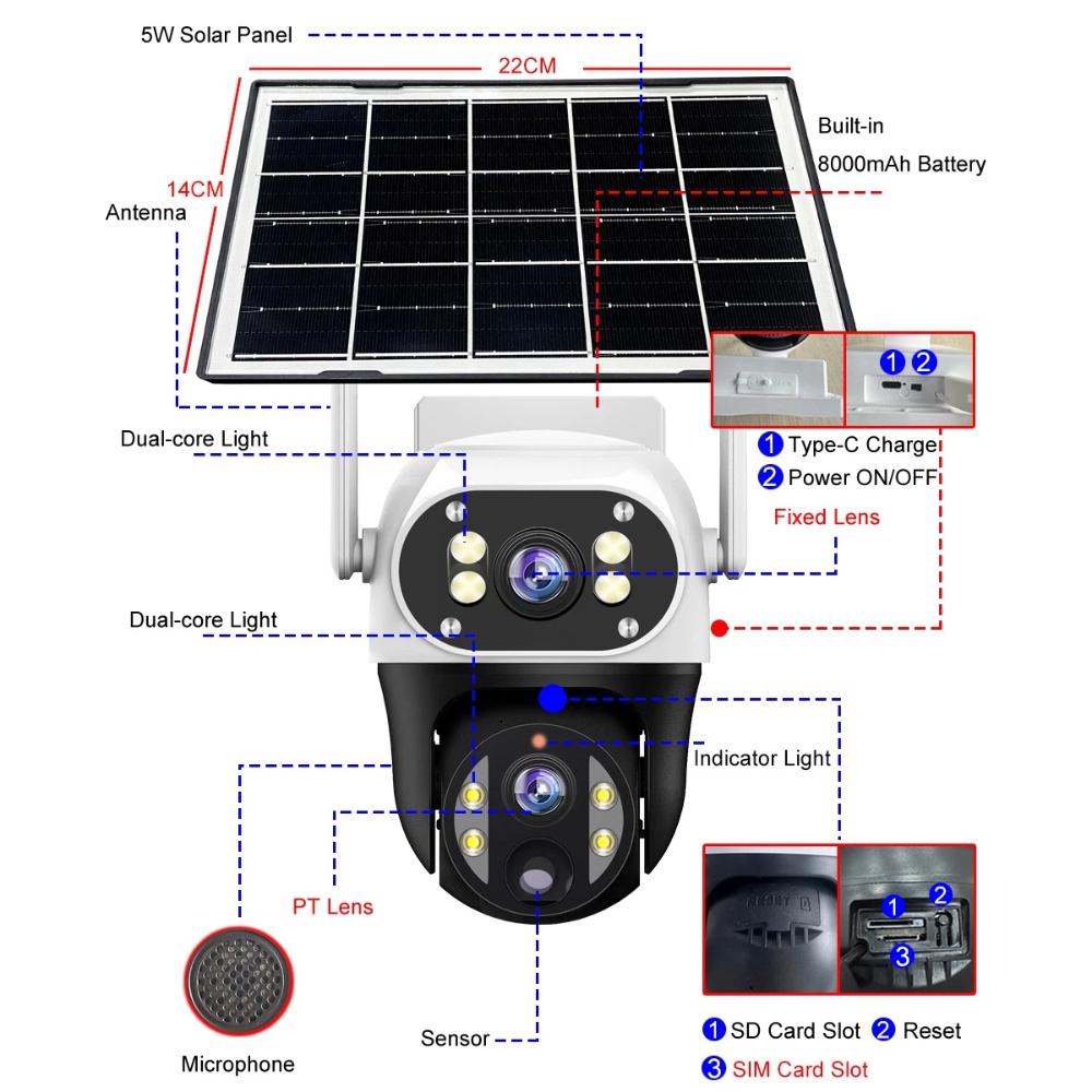V380 Outdoor Home Garden Monitoring Dual Lens Full Color Night Vision 4G/Wifi Remote Solar Camera