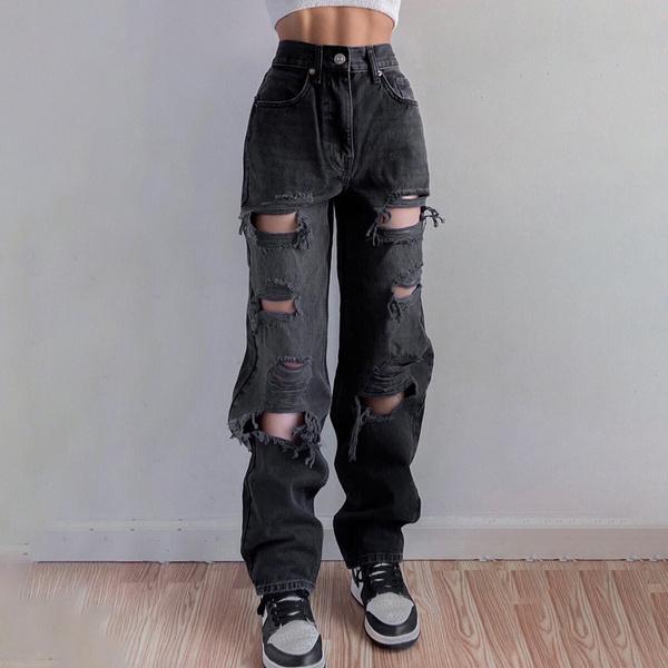 Women Casual Denim Jeans High Waist Ripped Hole Straight Loose Jeans Pants Ladies Casual Baggy Jean S чёрный
