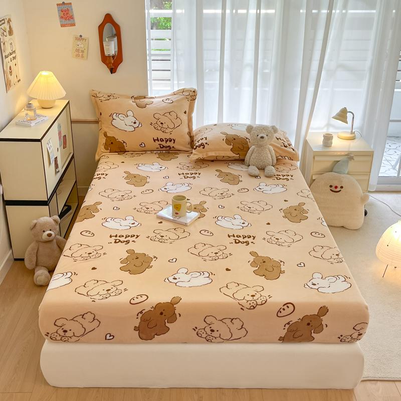 Cute Cartoon Bear Pattern Flannel Fitted Sheet Set Warm Breathable Super Soft Deep Pockets Mattress Cover for Kids Boys Girls
