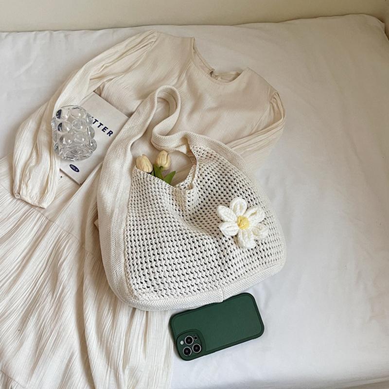 Floral Crochet Shoulder Bag Bohemian Knitted Hollow Out Tote Crochet Underarm Bag for Women Summer Beach CLE