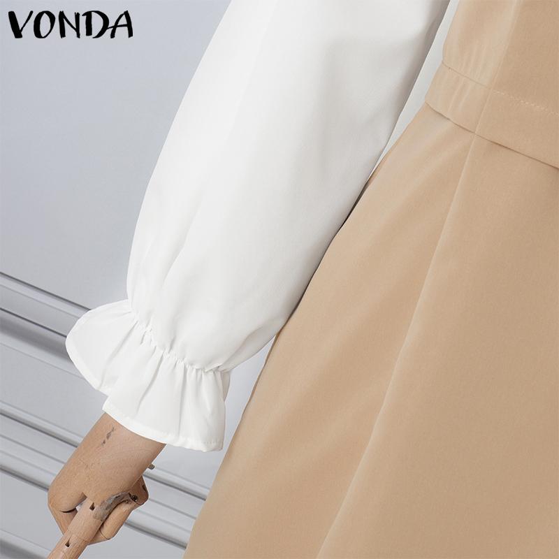 VONDA Women Casual Long Sleeve Square Neck Colorblock Dress