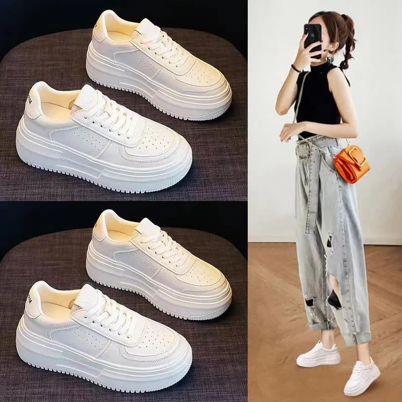 Fashion Luxury genuine leather women's shoes new thick-soled sports shoes for women summer mesh lace-up women's flat white shoes