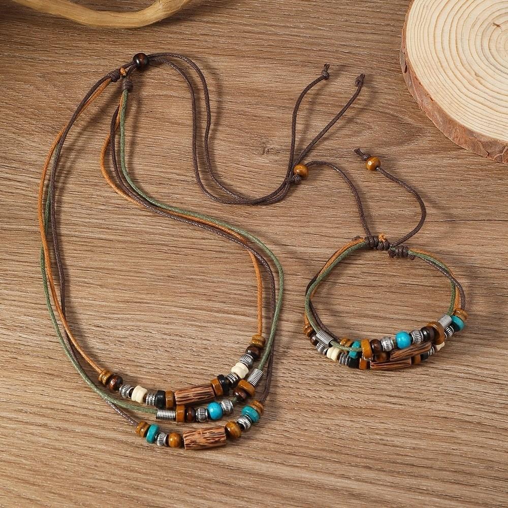 Wood Beads Boho Necklace Set Cord Vintage Wooden Bead Jewelry Hand Woven Jewelry Daily Wear