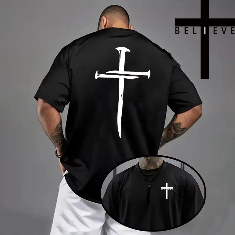 Unisexs Christian Cross Graphic Tshirt Unisex Of Faith Print 2026 Summer Black Cotton Oversized Streetwear Tee For Religious Fans