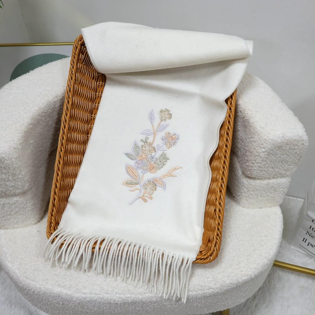 New Year's Embroidered Wool Scarf for Autumn and Winter Thickened Warm Scarf With Tassel
