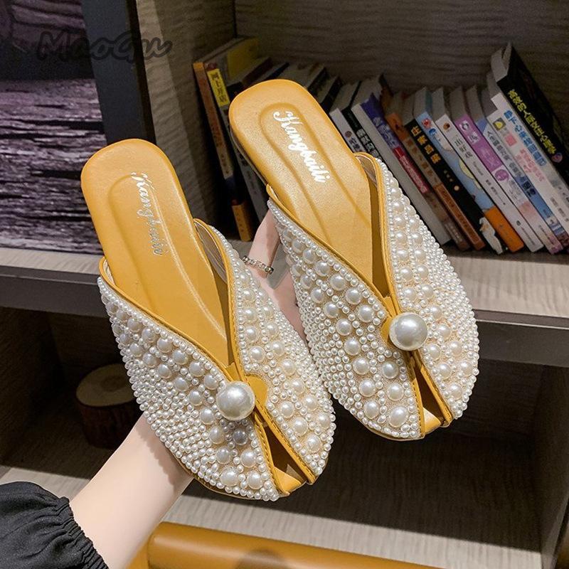 Fashion 2025 Women Summer Fashion Footwear Pearl Fairy Style Flat Soft Bottom Mules Slip On Cover Toe Slides Zapatos De Mujer Size36-40