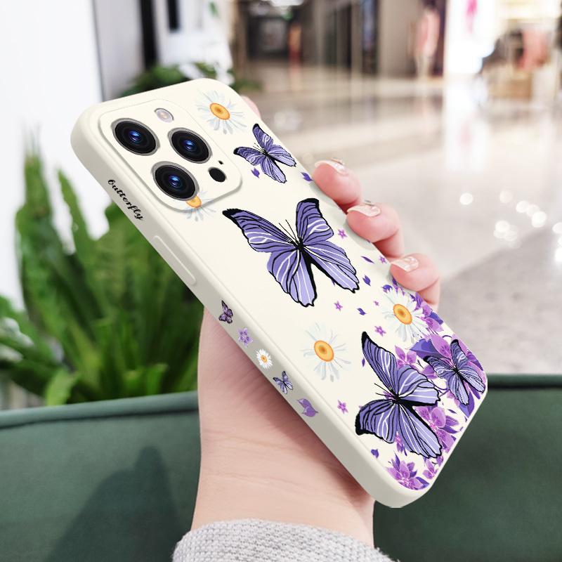 Butterfly Daisy Pattern Soft Liquid Silicone Fall Prevention Case Cover For iPhone 16 16e 15 Pro Max 14 Plus 13 12 11 X Xs Max 7 8 6 SE2 SE3