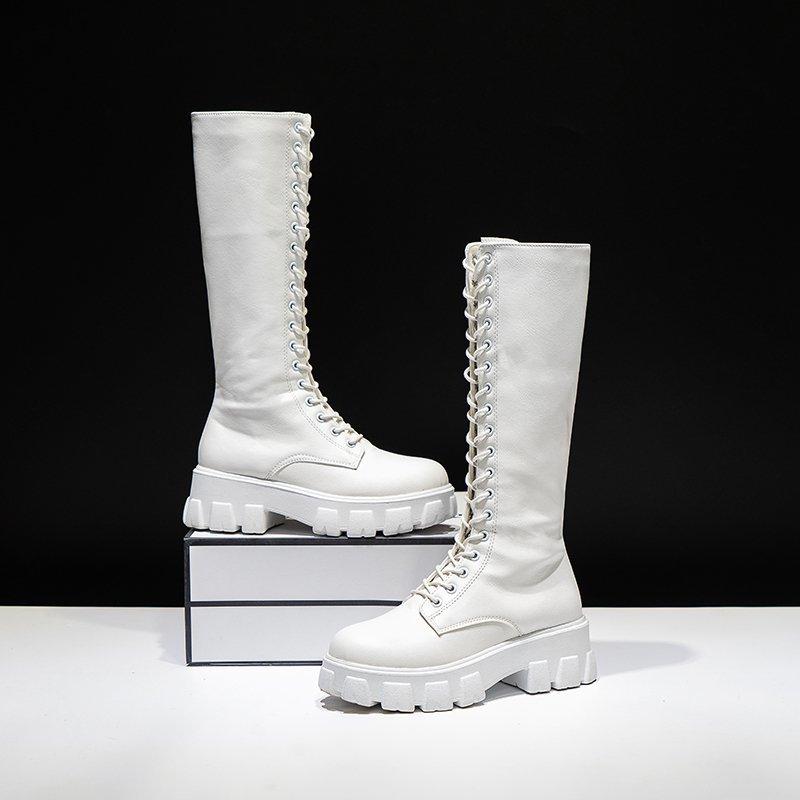 Aphixta 2025 Winter Shoes Women's Long High Boots White PU Leather Knee High Boots Female Lace Up Platform Botas Mujer