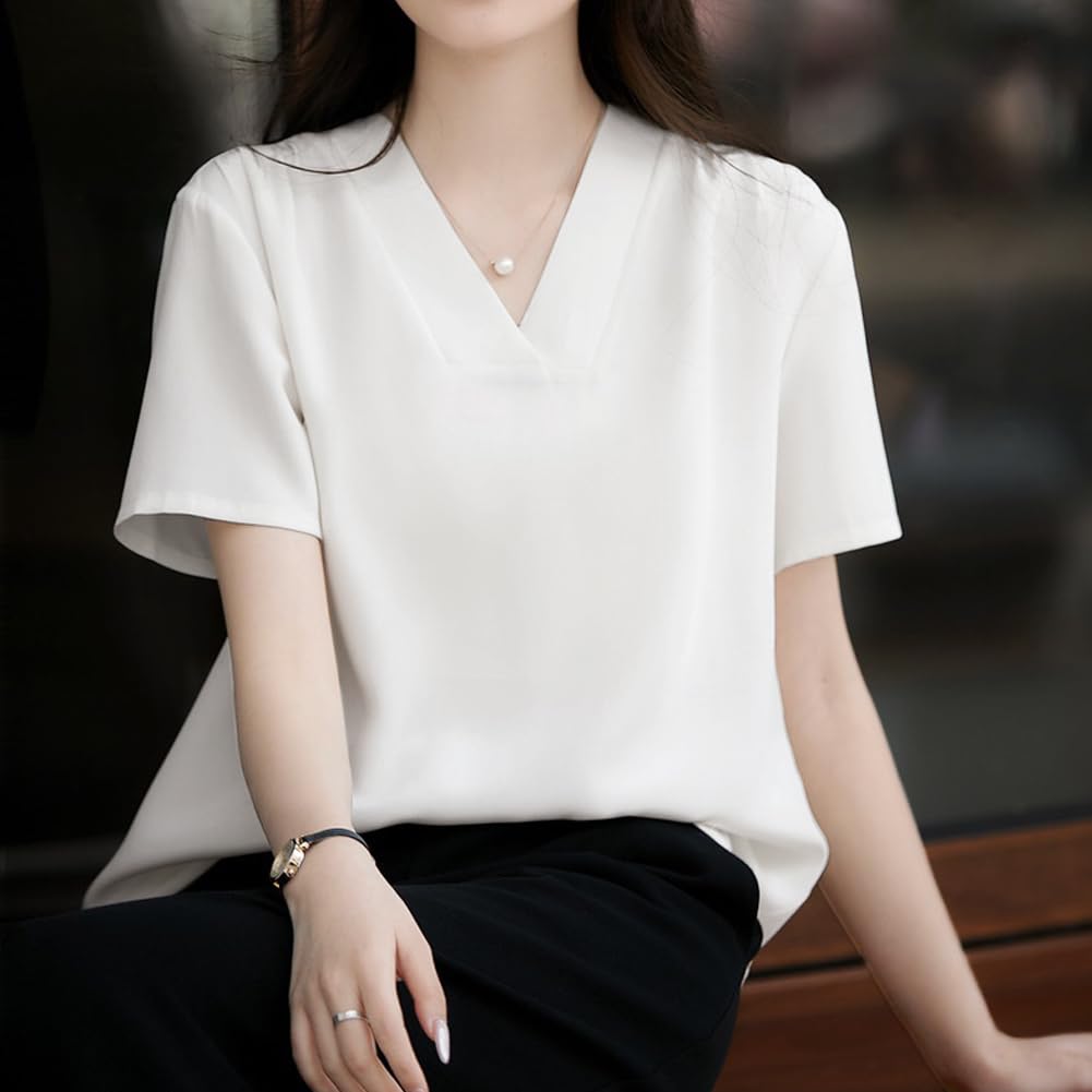 Shirt Short Summer [Sueeya] Women's Blouse, Sleeve, V-Neck, Tuck, Body-Concealing, Slimming, Plain, Stylish, Clean, Versatile, Casual, Formal,
