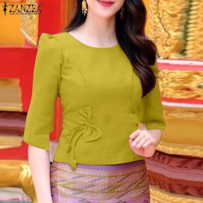 Dámská ležérní halenka s kulatým výstřihem, jednobarevná, letní, s 3/4 rukávem