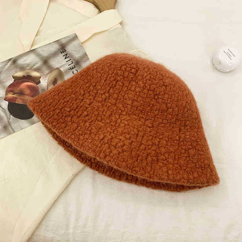 I.K New White Bucket Hat Women's Autumn and Winter Granular Lamb Plush Hat Big Head Circumference Show Face Small Hat