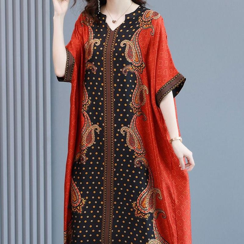 Folk Paisley Printed Long Dress Spliced Women's Casual V-Neck Summer Short Sleeve Vintage A-Line Loose Dresses