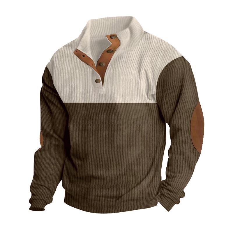 Herren Casual Corduroy Farbblock Kapuzenpullover mit Stehkragen und Knöpfen - Herbstkollektion 2025