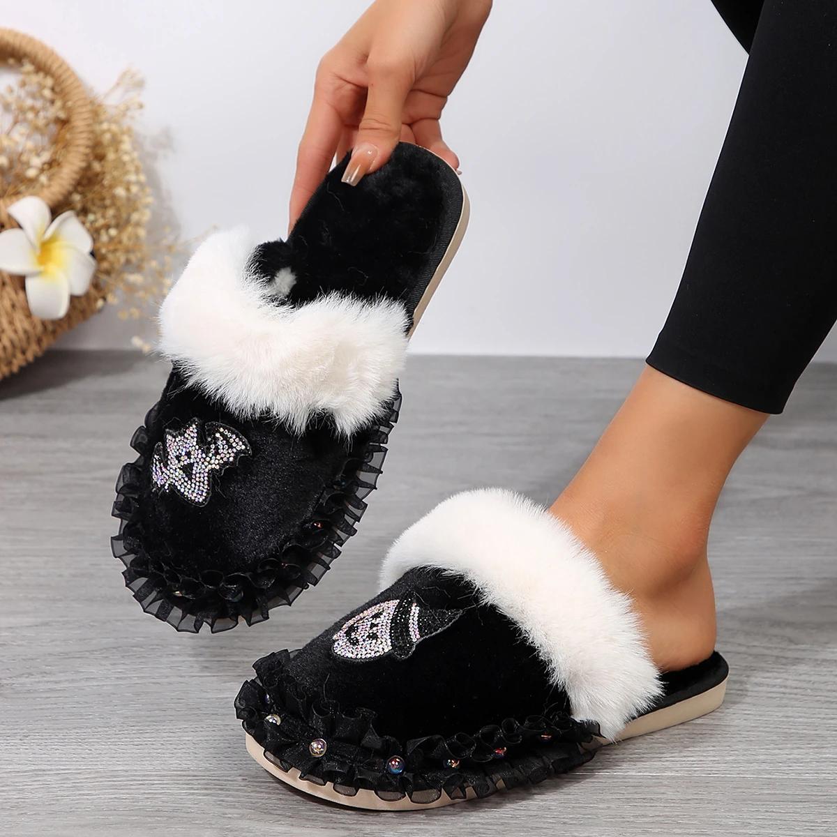 День всех святых Плоские пушистые меховые тапочки Женские блестящие заклепочные меховые тапочки Женские шлепанцы Шлепанцы Тапочки 41 1654₽