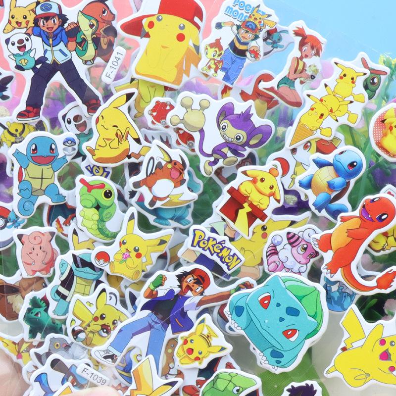 12Sheets Cute Anime Pokemon Stickers Kawaii 3D Pikachu Decals Kids Toys Cartoon Bubble Paste Thicken The Reward Sticker Gifts