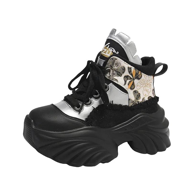 Fashion New Women Casual Platform Sneakers 8.5CM High Heels Autumn Sports Leather Shoes Breathable Trainers Chunky Zapatos Mujer