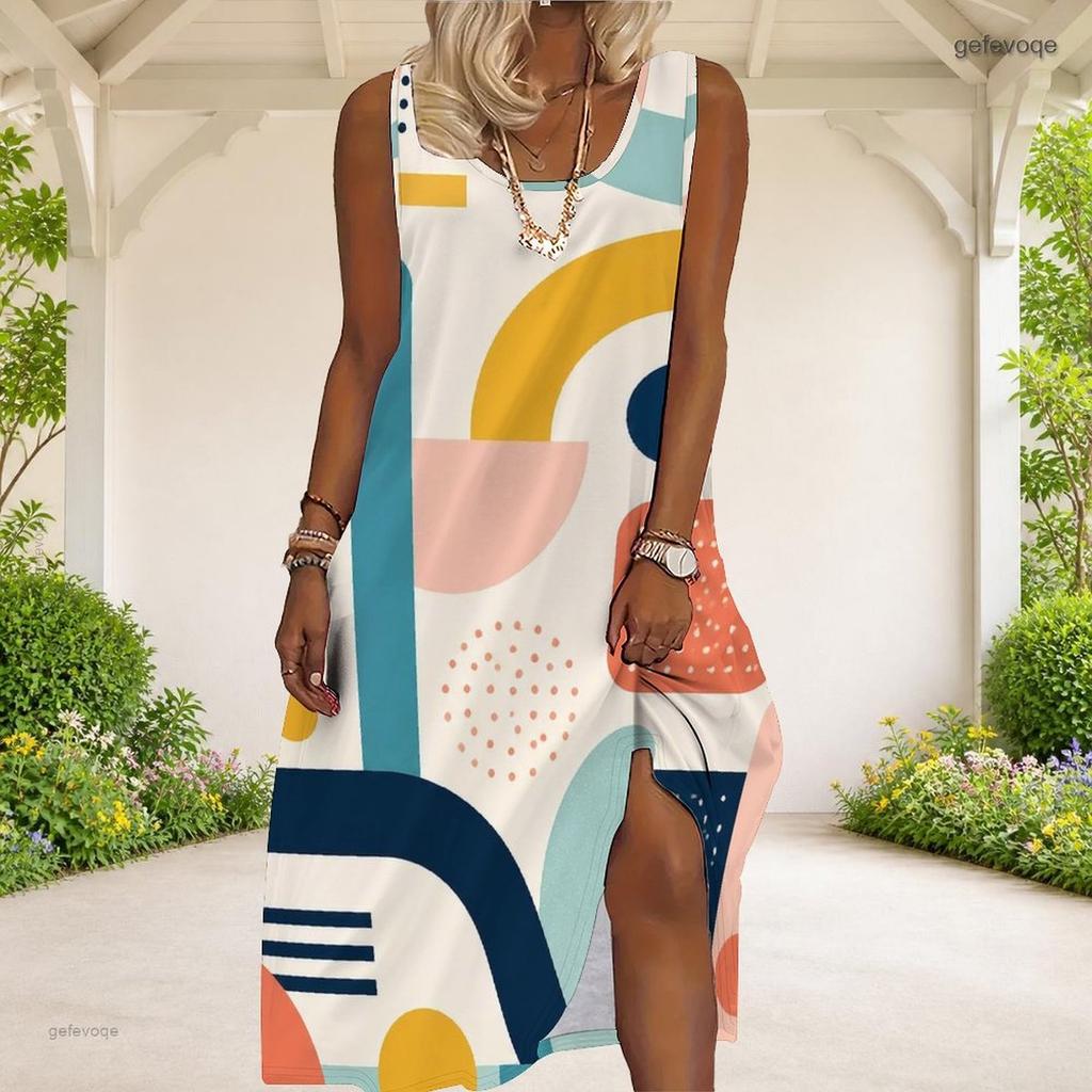 Women Plus Size Grey Black White Printed Scoop Neck Sleeveless A Line Maxi Dress