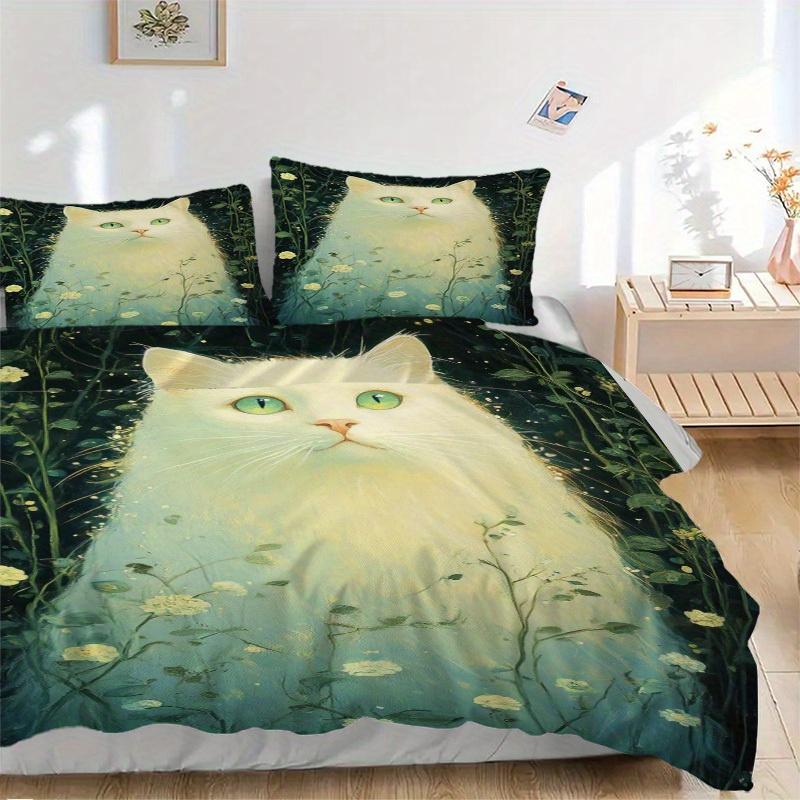 3pcs Cat Flowers Bedding Set Down Comforter Cover and Pillowcases, Suitable for Guest Room Home Decoration All Seasons(No Insert) S0819044