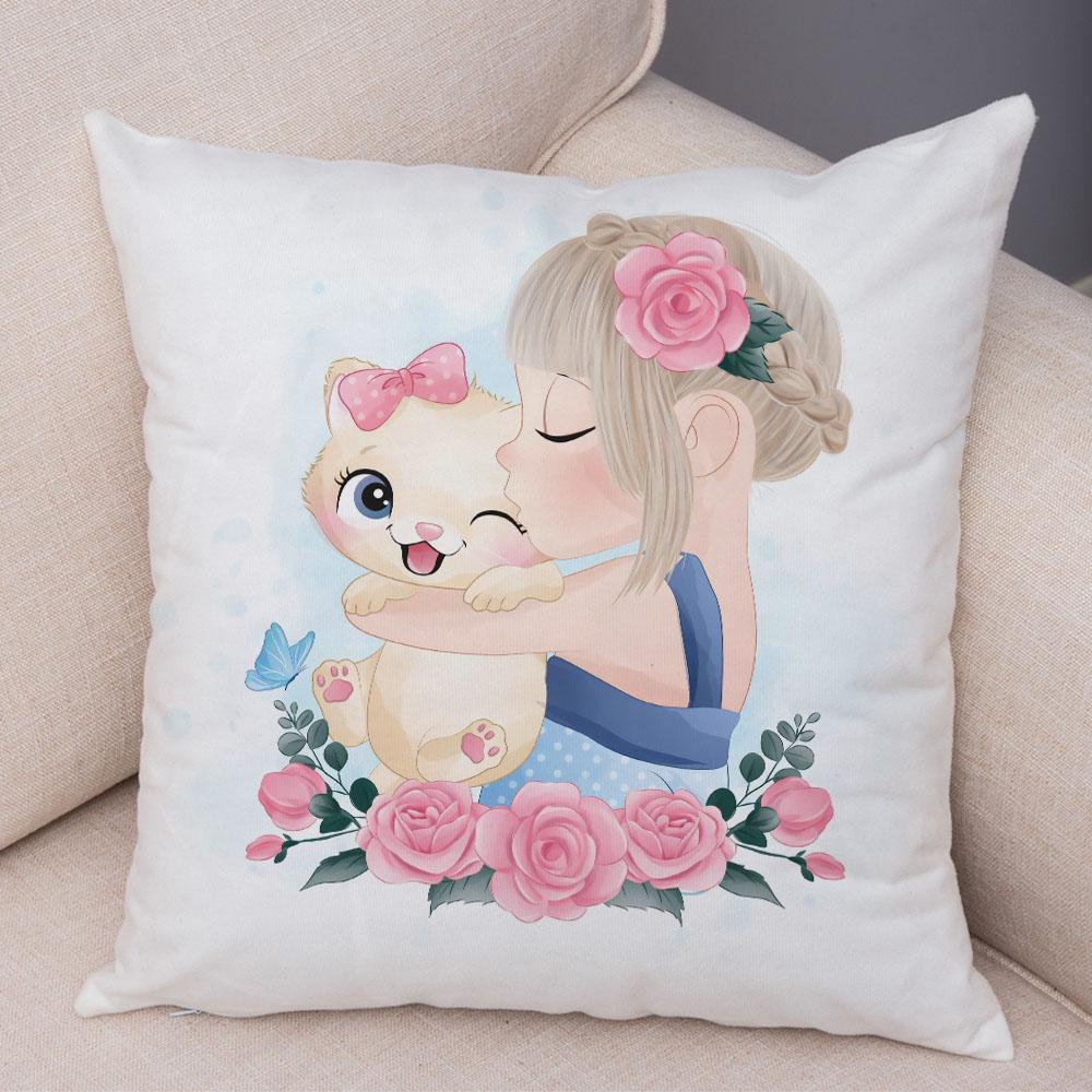Children's Room Sofa Home Pillowcase Cute Cartoon Girl and Cat Pillowcase Decoration Cute Animal Cushion Cover