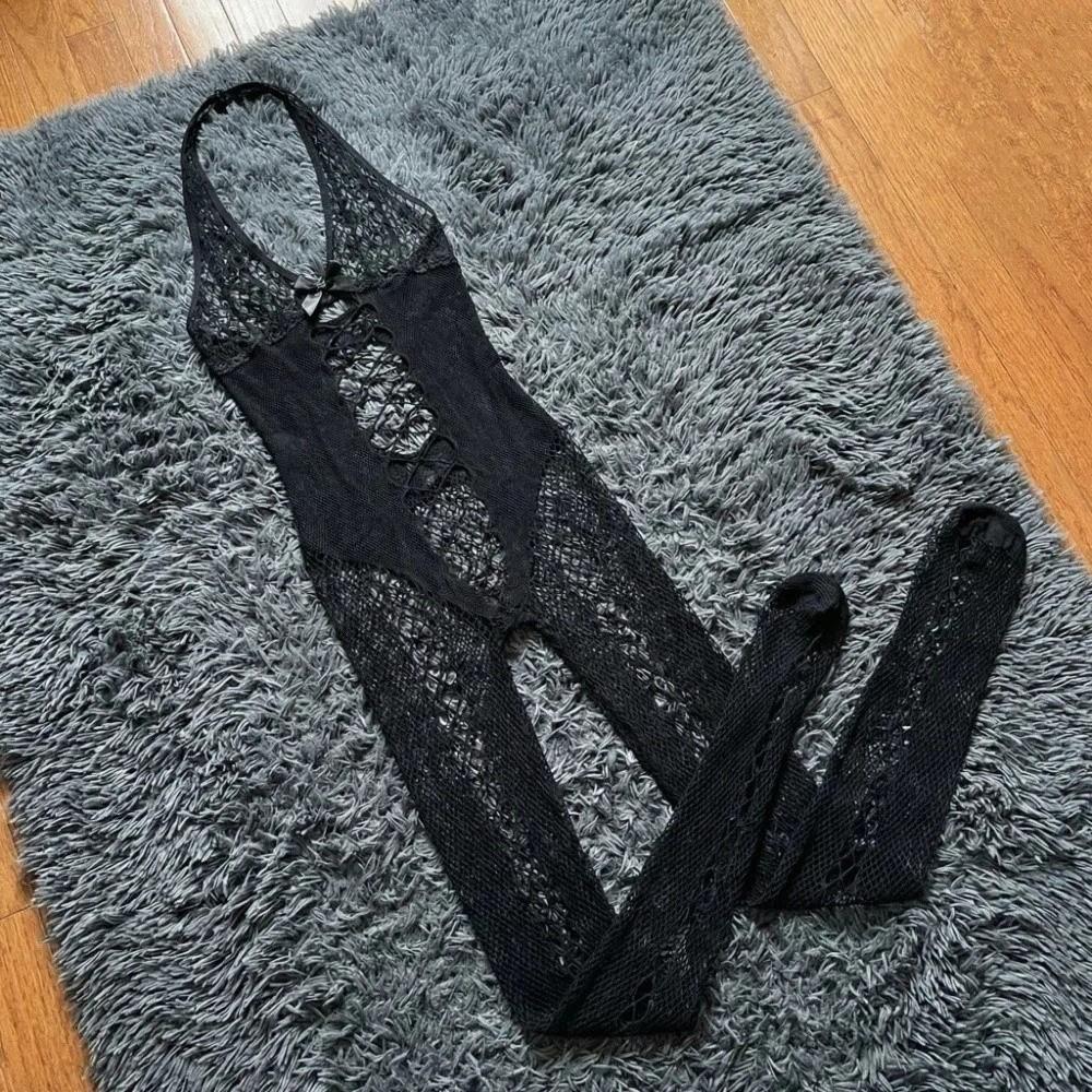 Mesh Lace Bodysuit Stocking Hollow Sleeveless Jumpsuits Lingerie Lace Camisole Nightwear Hotel