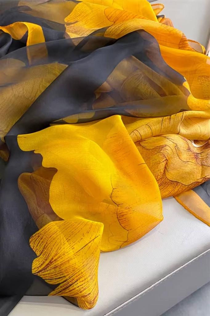 Shawl with a large yellow flower on a black background - elegant, light and stylish
