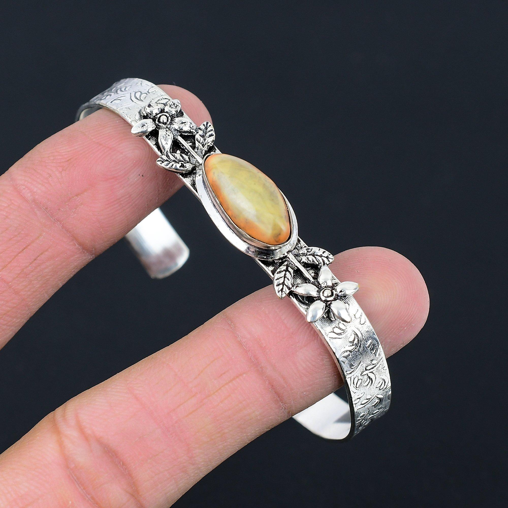 

Mothers day Deal 925 Silver Imperial Jasper Gemstone Boho Flower Bangle Bracelet Adjustable