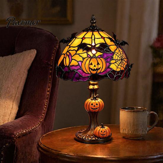 Interior Gothic Lighting Halloween Pumpkin Bat Table Lamp, Stained Glass Reading Light, Night Light Cozy Nightstand for Bedroom Bookshelf, Seasonal
