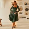 Women's Spring New Style Temperament Square Collar Lace Long Sleeve Ruched Waist Solid Color Midi Dress