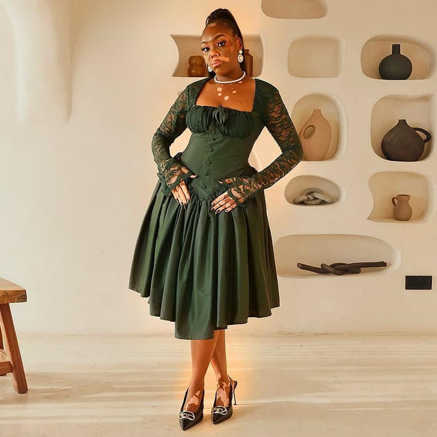 Women's Spring New Style Temperament Square Collar Lace Long Sleeve Ruched Waist Solid Color Midi Dress