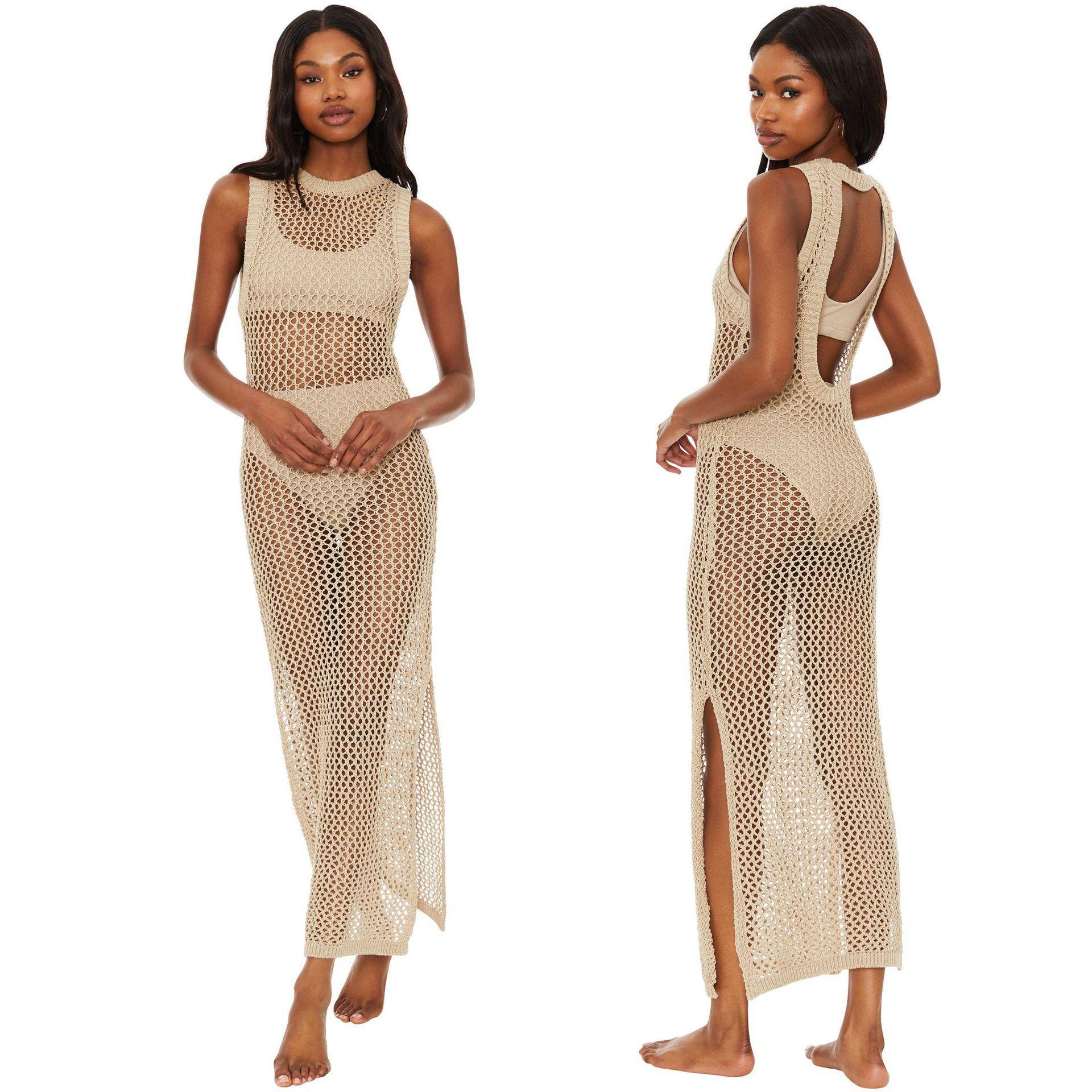 

Европейское и американское вязаное платье с открытой спиной и ажурным узором, длинное пляжное платье-накидка One Size