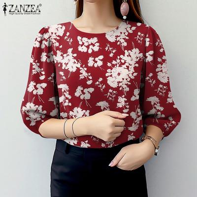 Women Casual Round Neck 3/4 Sleeve Loose Floral Blouse