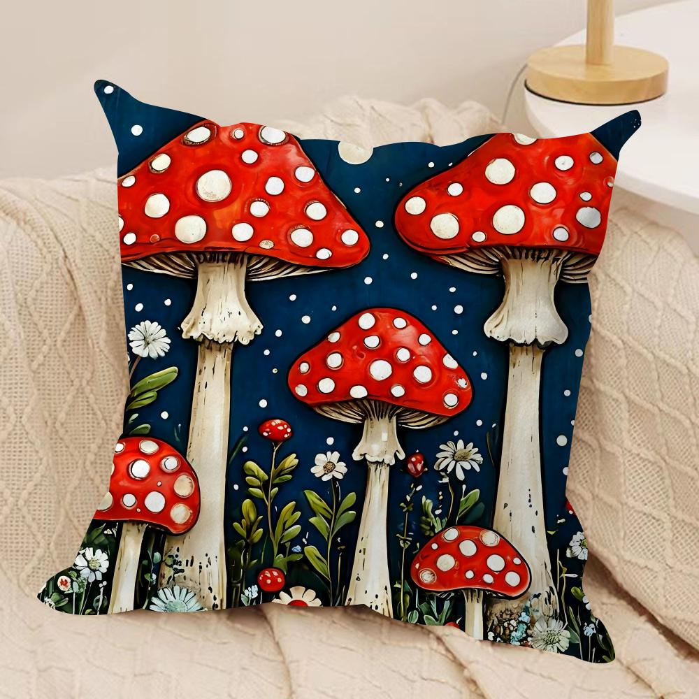 Mushroom Illustrations Cushion Cover Pillowcase Ultra Soft Skin Friendly Fabric Cloud Like Comfort  Concealed Zipper