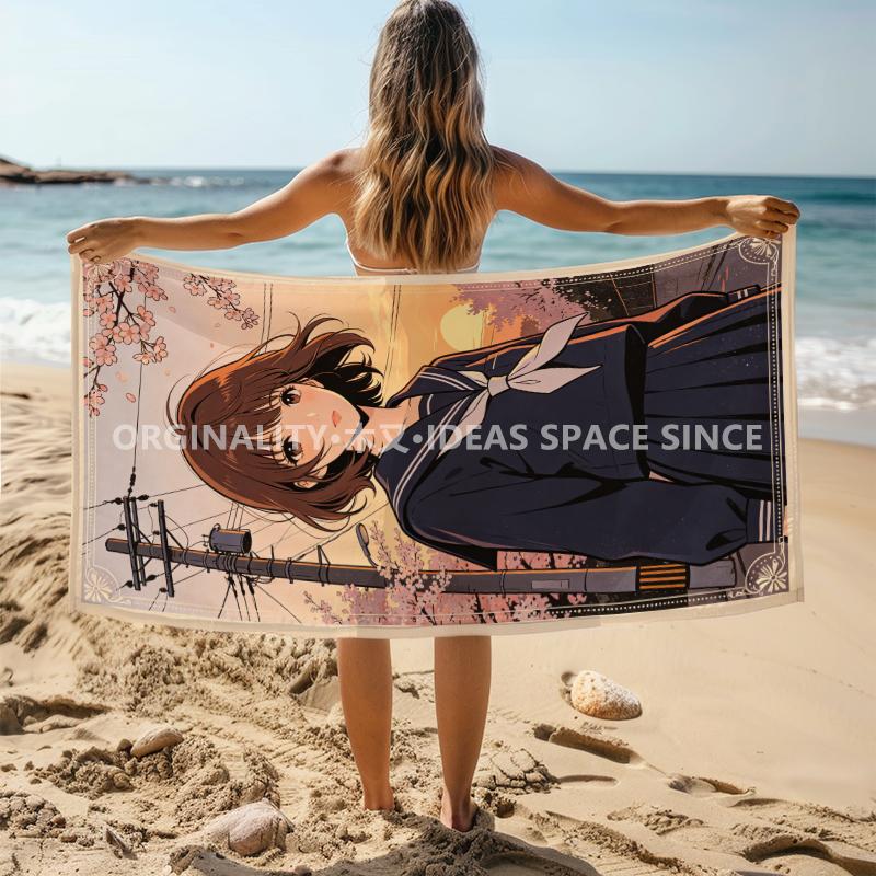 Sakura Anime Girl Beach Towel Patterned Sunscreen And Windproof Suitable For Swimming Pool Camping Travel Blanket
