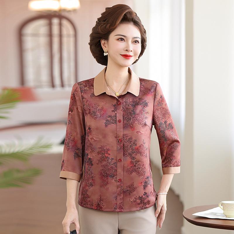 Spring & Summer Seven-Sleeve Imitation Silk Shirt for Middle-Aged & Elderly Women