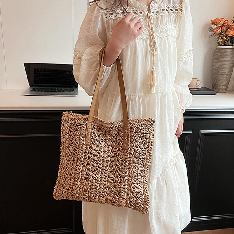 Women's Straw Weave Bag Boho Hollow Design Summer Large Capacity Bucket Handbag Rattan Weave Handmade Craft Tote Basket