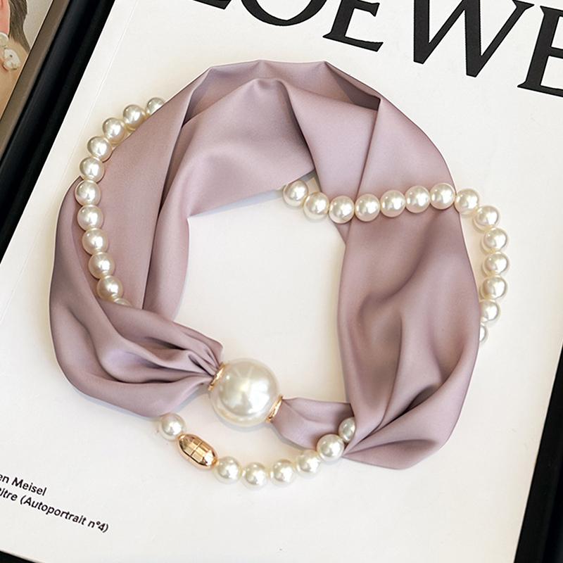 Elegant Satin Neck Scarf for Women with 2 in 1 Pearl Chain Necklace Buckle Lightweight Soft Shawl Gift for Party Office Wear