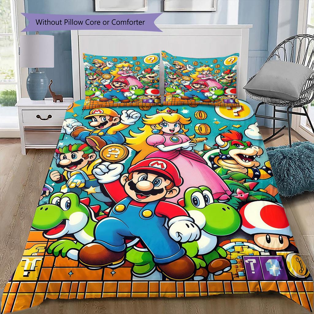 Super Mario All-Star Full Print Bedding Set, 1 Duvet Cover & 2 Pillowcases, Cozy Home Use, Great Gift for Game Fans