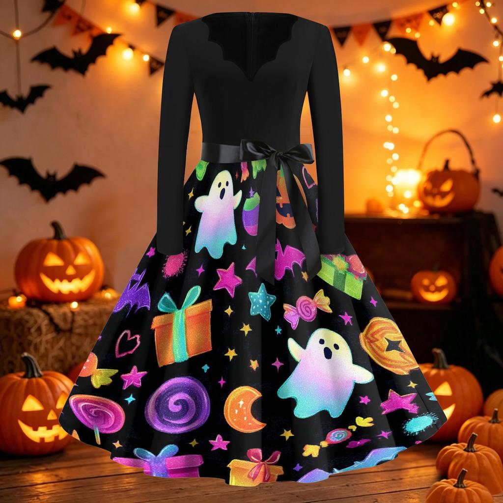 Womens Casual Halloween Print V Neck Vintage Dress Long Sleeve Fit Flare Midi Dress with Waist Tie Retro Style