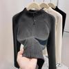 Women's Mock Neck Long Sleeve Knit Top Slim Korean Casual Double Zipper Thermal Cardigan Layering Shirt