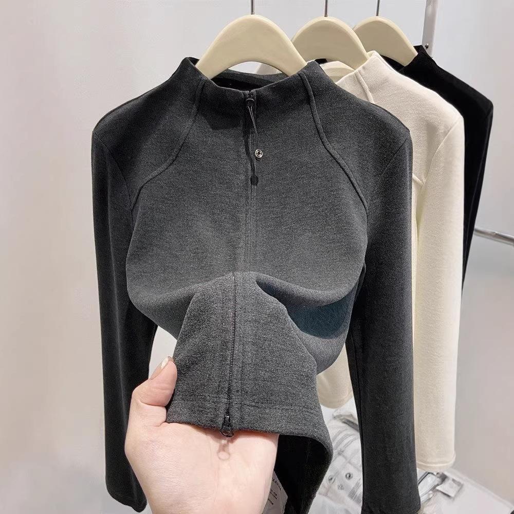 Women's Mock Neck Long Sleeve Knit Top Slim Korean Casual Double Zipper Thermal Cardigan Layering Shirt