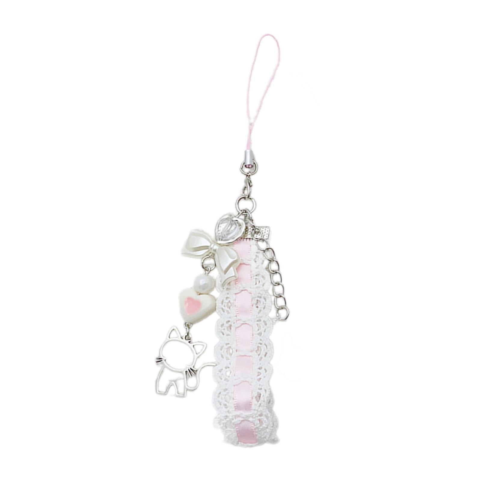

Кружевная лента Подвеска в виде кошки Шарм для телефона Подвесная веревка Милая цепочка для телефона Ремешок Украшение для сумки Брелок Аксессуар розовый