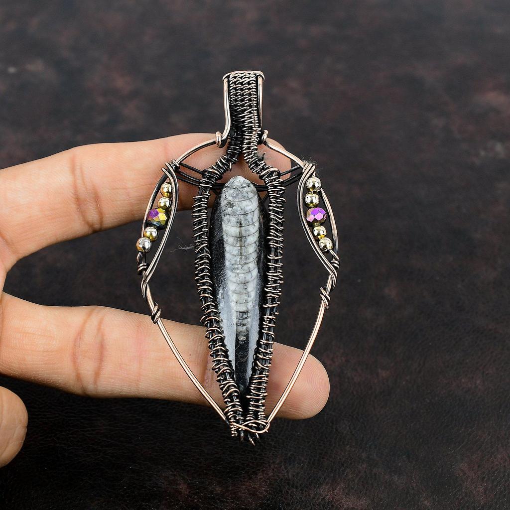 Orthoceras Fossil Copper Pendant Wire Wrapped Pendant Handmade Titanium Beads Pendant Copper Designer Jewelry Gemstone Pendants Gift For Mom