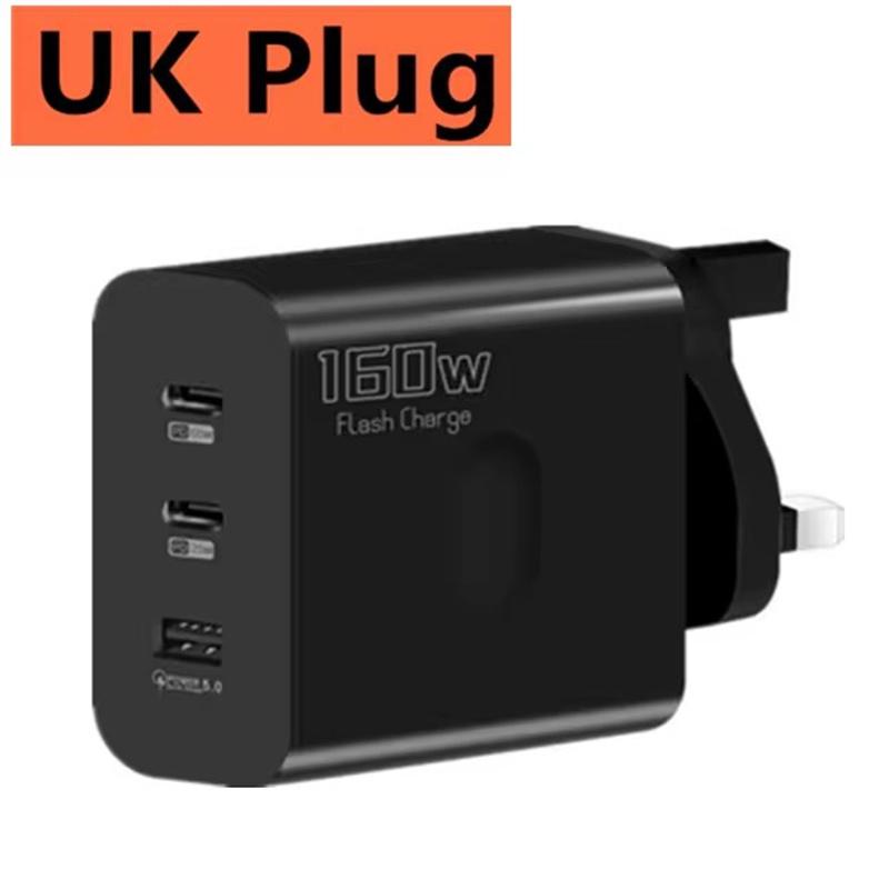 160W 3Ports USB-Ladegerät Schnellladung EU US UK Stecker Wandladegerät PD Schnellladung für iPhone Samsung Xiaomi Huawei Ladeadapter