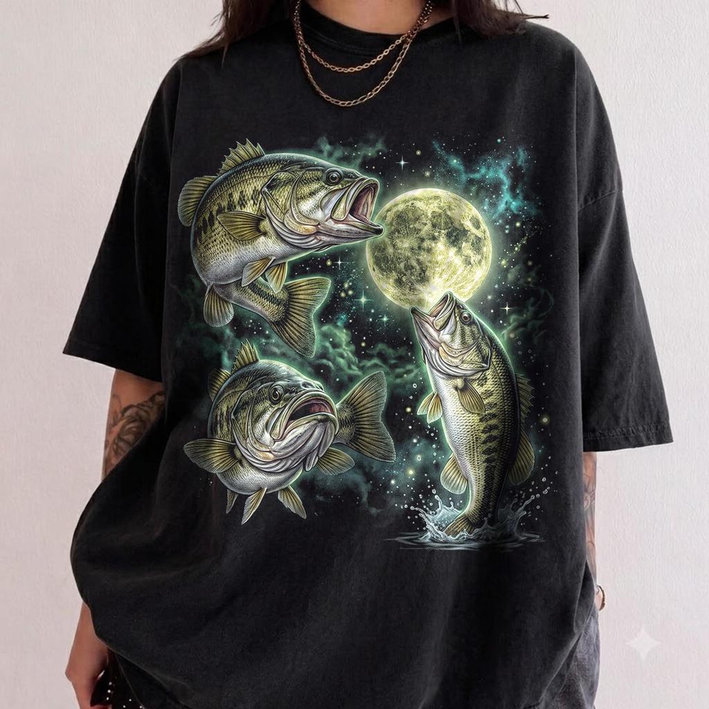 Vintage Bass Fishing Shirt, Retro Largemouth Fish Graphic Tee, Night Moon Angler Apparel, Comfort Colors Fisherman Gift, Nature Top