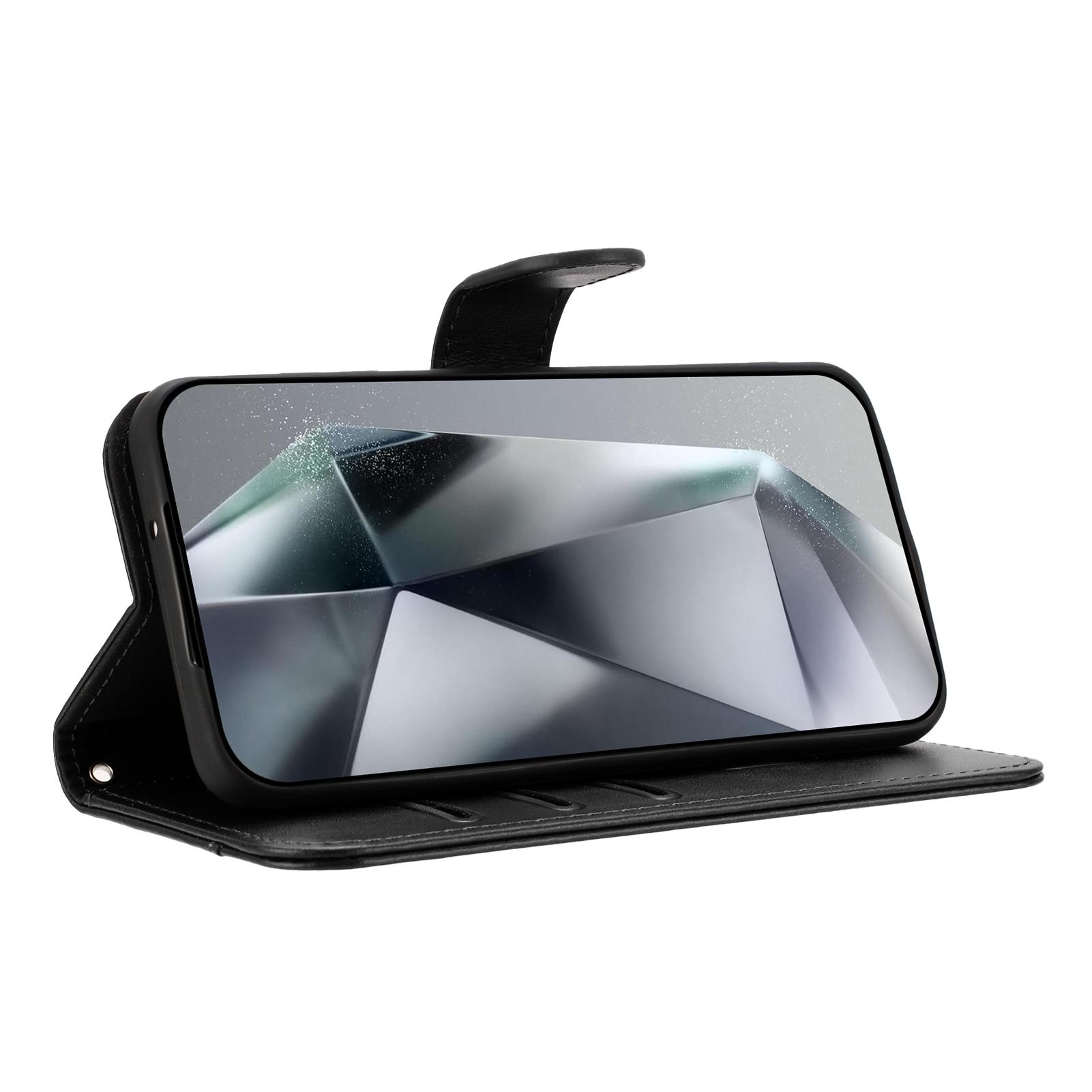 

For Samsung Galaxy S24 Ultra Stand Case with Strap PU Leather Wallet Phone Cover S Shape Stitching Design Coffee